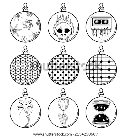 Set Black Doodle Outline Simple Line Abstract Collection Christmas Xmas Balls Holiday Decorations Happy New Year Background Vector Design Style