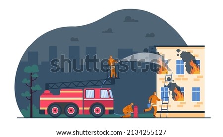 Firefighters extinguishing house fire flat vector illustration. Professional team of firemen working together, providing safety, extinguishing flame in building. Rescue team, emergency concept