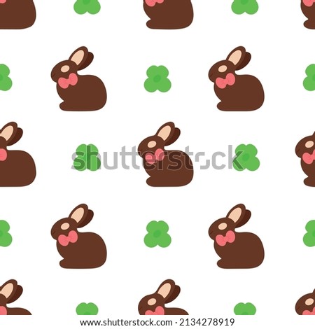 Concept of seamless Easter pattern. Repeating chocolate bunnies and clover on white background. Vector illustration. Easter design element for postcards wrapping paper sites posters banners placards