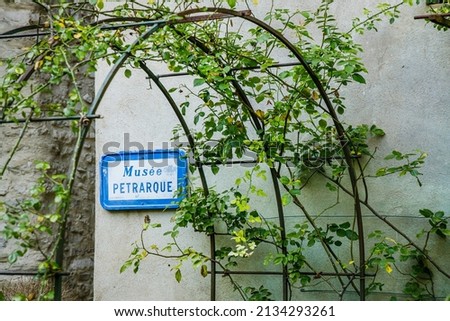 Entrance sign of the Petrarch Museum in Fontaine de Vaucluse village in Provence, France