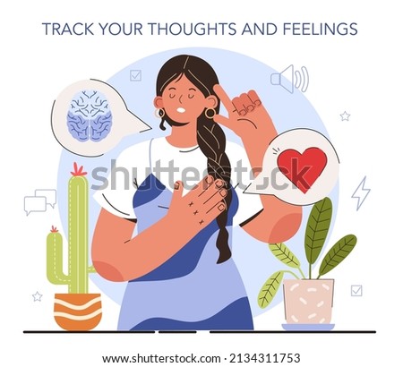 How to manage stress instruction concept. Track your thoughts and feelings. Frustrated character with anxiety and confusion. Psychological support, emotional help. Flat vector illustration