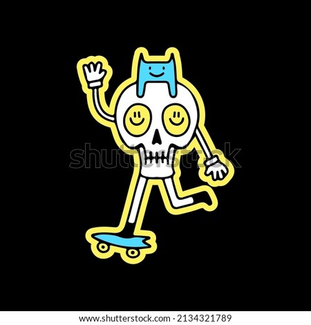 Funny skull and cat riding skateboard, illustration for t-shirt, street wear, sticker, or apparel merchandise. With retro, and cartoon style.