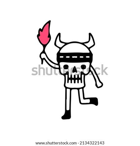 Viking skull holding torch, illustration for t-shirt, street wear, sticker, or apparel merchandise. With doodle, retro, and cartoon style.