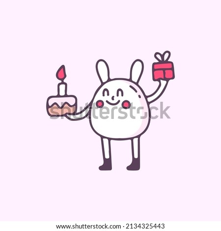 Sweet bunny with birthday cake and gift boxes, illustration for t-shirt, street wear, sticker, or apparel merchandise. With doodle, retro, and cartoon style.