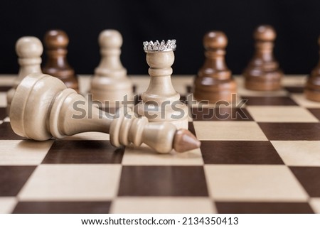The white pawn in the crown with his team and the defeated white king.The concept of revolution, the fall of the dictatorial regime as a result of a coup, uprising, rebellion, coup d'etat Royalty-Free Stock Photo #2134350413