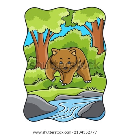 cartoon illustration The bear is walking in the forest beside the river looking for food