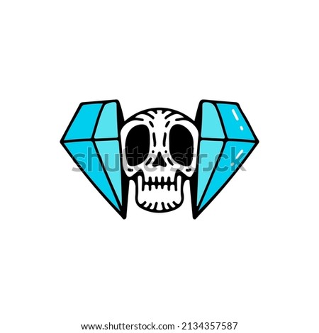 Two half of diamond with skull head inside, illustration for t-shirt, street wear, sticker, or apparel merchandise. With doodle, retro, and cartoon style.