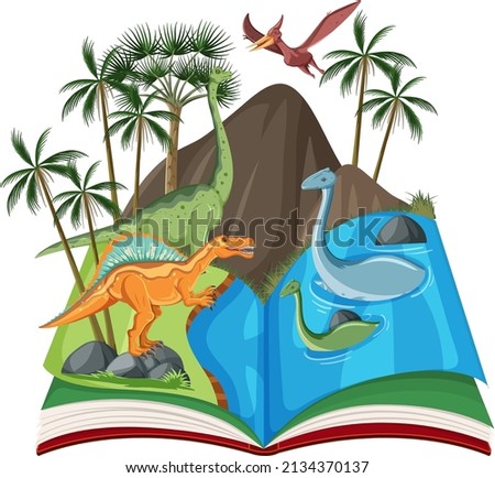 Scene with many dinosaurs in the river illustration