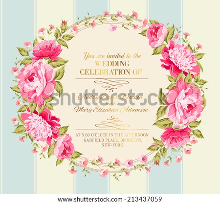 Wedding invitation card of color flowers. Vector illustration. Royalty-Free Stock Photo #213437059