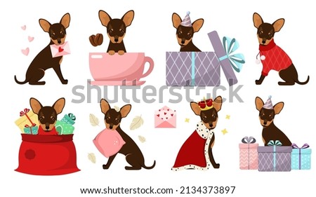 A set of funny dogs on a white background. Toy terrier. Cartoon design.