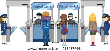 Passengers walking through passport control illustration