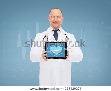 medicine, profession, technology, biology and healthcare concept - smiling male doctor with stethoscope showing tablet pc computer screen over blue background