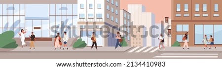 City street panorama. Cityscape with people, buildings, cross road. Modern urban lifestyle scene with pedestrians going at sidewalks in metropolis. Downtown on summer day. Flat vector illustration Royalty-Free Stock Photo #2134410983