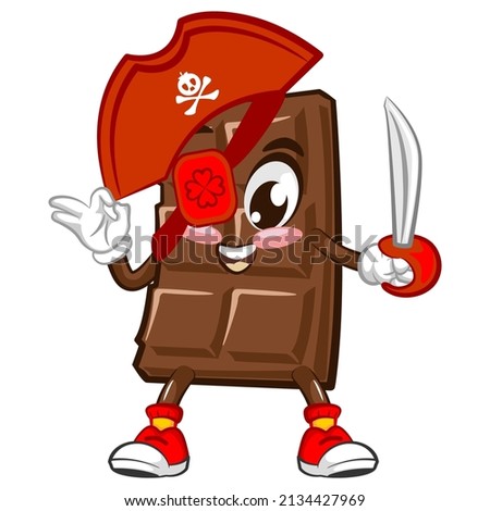 Cute chocolate bar character with funny face being pirate one eye and holding blade, cartoon vector illustration isolated on white background. Funny chocolate character, mascot, emoticon Royalty-Free Stock Photo #2134427969