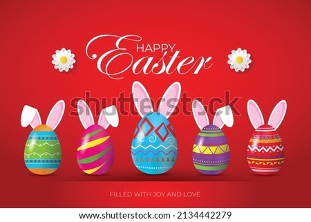 Happy Easter greeting card with colorful easter egg and holiday wishes on red background. Vector illustration.