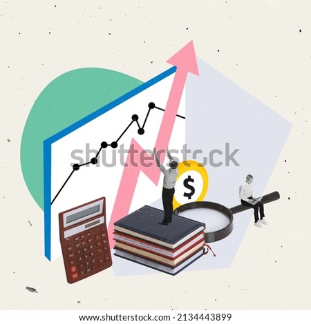 Contemporary art collage. Office accountant, manager looking at graph arrow going upwards symbolizing profit. Working on successful business strategy. Concept of money, growth, career, progress