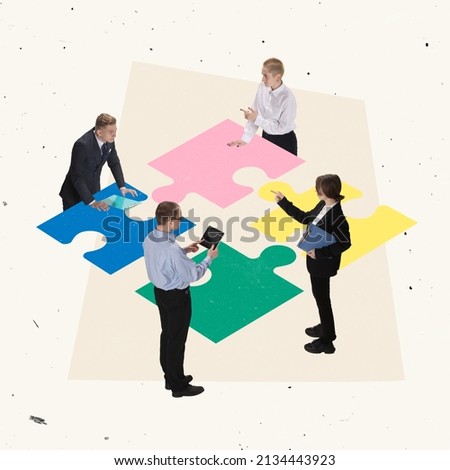 Creative team. Group of people, employees of markering department having meeting, discussing and creating business projects. Concept of teamwork, cooperation, creativity, brainstorming, profit making Royalty-Free Stock Photo #2134443923