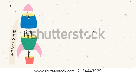 Contemporary art collage. Rocket divided into several parts symbolizing well-coordinated work of different departments. Laungh of startup. Preparation. Concept of career development, growth, success Royalty-Free Stock Photo #2134443925