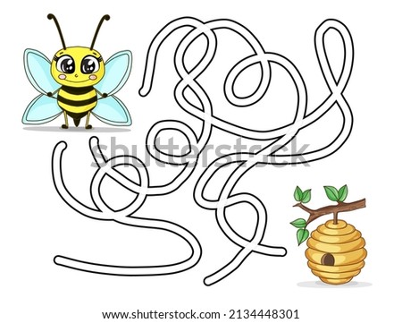 vector picture, find the right way for preschoolers, maze game. help the cute bee fly to the hive