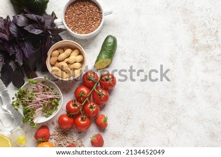 Set of healthy products on light background