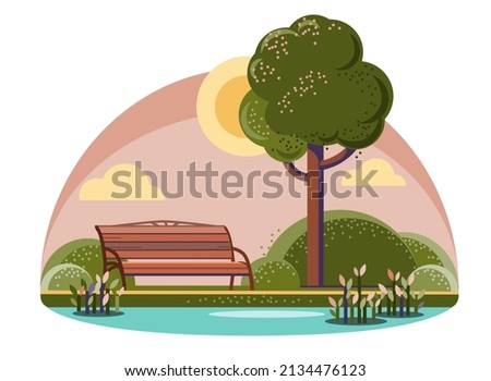 Park bench for lifestyle design. Summer nature. Green tree and lake. 