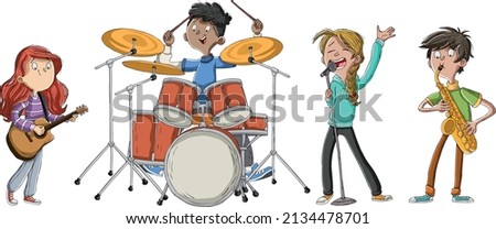 Cartoon teenagers playing on a rock'n'roll band