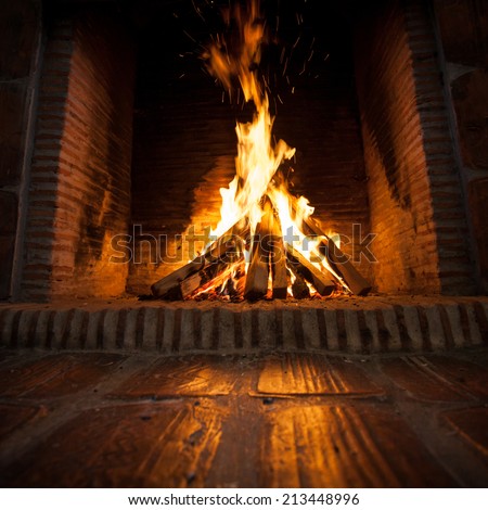 burning wood in open fire place 