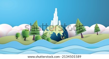 world eco landscape green tree water graphic paper art sky city 
