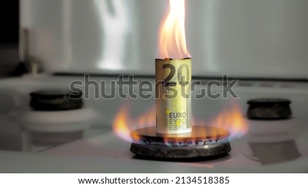 Concept of gas crisis. 20 euro bill is burning on a kitchen stove burner. European cash money. High prices of natural resources. Fire flame. Utility debt. Energy war. Saving home budget. Finance. Royalty-Free Stock Photo #2134518385