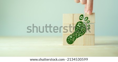 Carbon Footprint, zero emission concept. Carbon ecological footprint symbols on wooden cubes with eco friendly icons. Sustainable development strategy. Environmental, climate change concept. CSR ESG