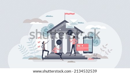 Government officials and national public building workers tiny person concept. Democratic community labor work in federal house vector illustration. Legal finance and economic ministry bank workers. Royalty-Free Stock Photo #2134532539
