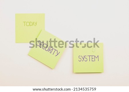 Text showing inspiration Security System. Business overview system designed to detect intrusion or unauthorized entry Multiple Assorted Collection Office Stationery Photo Placed Over Table