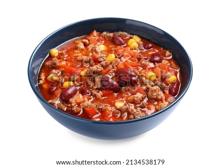 Bowl with tasty chili con carne on white background Royalty-Free Stock Photo #2134538179