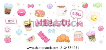Pixel art 8 90s game vector stickers. labels, stamps, of cute food, drinks and sweets. 8 bit pixel candy, lollipop, egg and beacon, wow and hello text. Japanese kawaii elements.