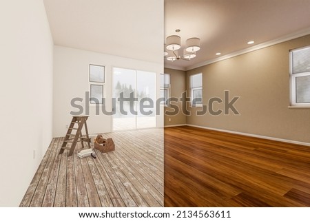 Unfinished Raw and Newly Remodeled Room of House Before and After with Wood Floors, Moulding, Tan Paint and Ceiling Lights. Royalty-Free Stock Photo #2134563611