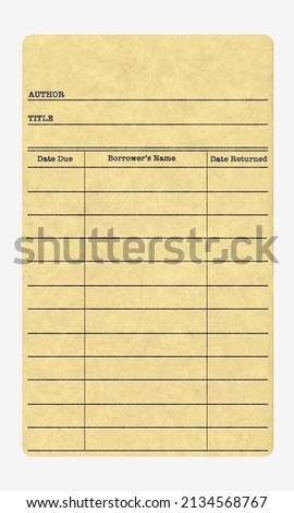Old blank library card template isolated on white background