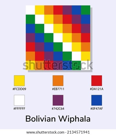 Vector Illustration of Bolivian Wiphala flag isolated on light blue background. Illustration Bolivian Wiphala flag with Color Codes. As close as possible to the original. ready to use, easy to edit. 
