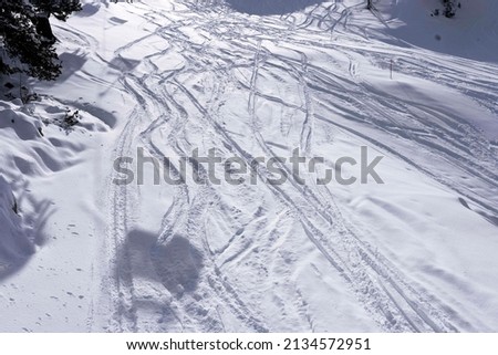 Cortina d’Ampezzo Belluno Veneto Italia Febbraio 2022 Beautiful image of off-piste ski tracks in the Dolomites at 5 Torri