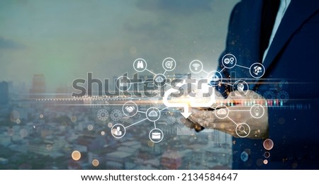Digital online marketing, Businessman using smartphone and analysis sale data graph growth on modern interface icons on strategy,Solution analysis and development contents on global network connection