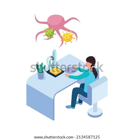 Cancer control isometric composition with view of medical specialists workplace with bacteria images vector illustration