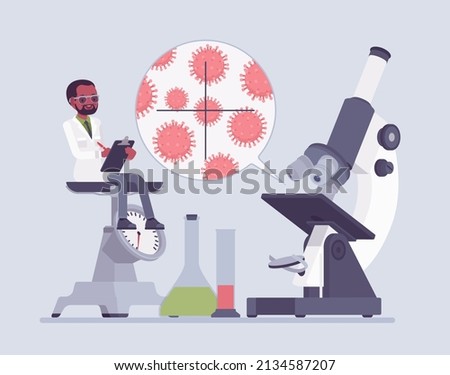 Male scientist, laboratory microscope for germs, viruses, bacteria study. Scientific tests, medicine service research, prevention. Vector flat style creative illustration, health, healthcare concept