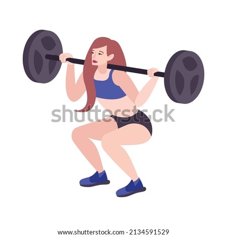 Fitness club composition with isolated character of woman lifting heavy barbells up vector illustration