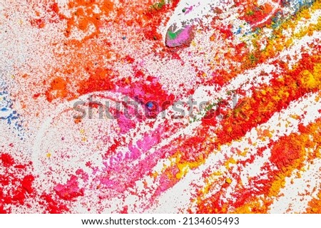 top view of colorful traditional holi powder in bowls isolated on white background.Space for text . happy holi.Concept Indian color festival called Holi