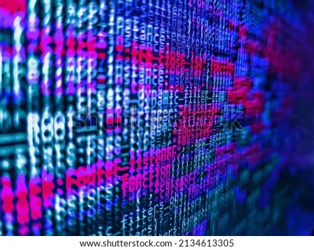 HTML CSS3 source code on lcd screen with black background. Php code on blue background in code editor. Application web source code on monitor. Programming Coding with editor colorful themes