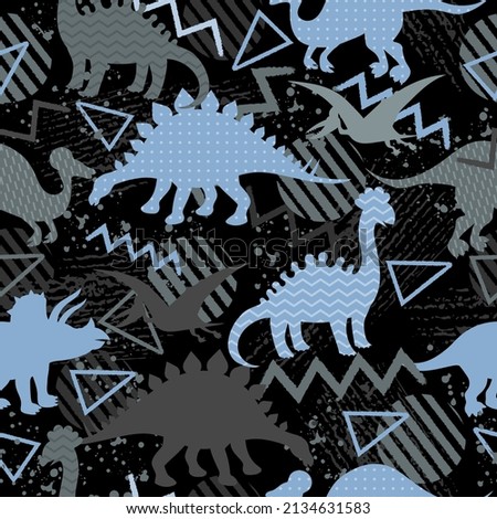 Seamless vector pattern with funny dinosaurs and geometric shapes. Dark children's grunge background for textiles, fabrics, t-shirts and wrapping paper. Cute jurassic dino design.