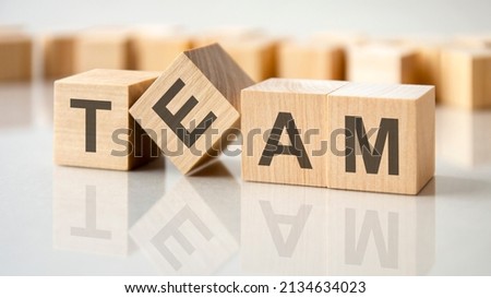 four wooden blocks with the letters TEAM on the bright surface of a gray table, business conceptual word collected of of wooden elements with the letters