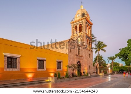 Loreto, Baja California Sur, Mexico. Bell tower on the Loreto Missioin church at sunset. Royalty-Free Stock Photo #2134644243