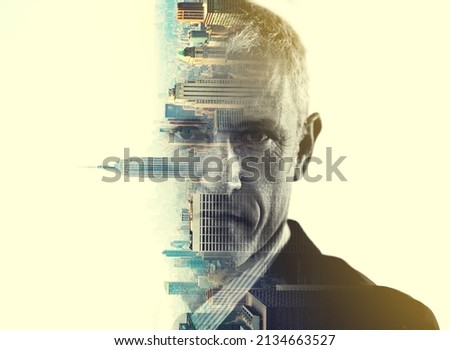 Hell turn this city on its head. Multiple exposure portrait of a corporate businessman superimposed over a city background. Royalty-Free Stock Photo #2134663527