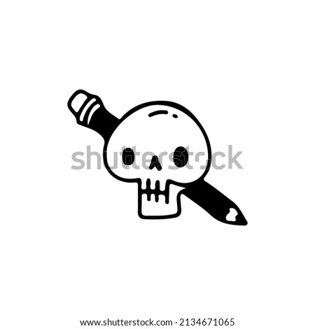 Skull and pencil, illustration for t-shirt, street wear, sticker, or apparel merchandise. With retro, and cartoon style.