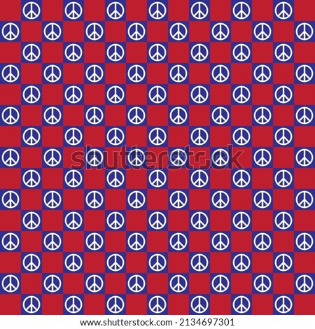White peace symbol on red and blue checker background. Peace pattern on red and blue backdrop.